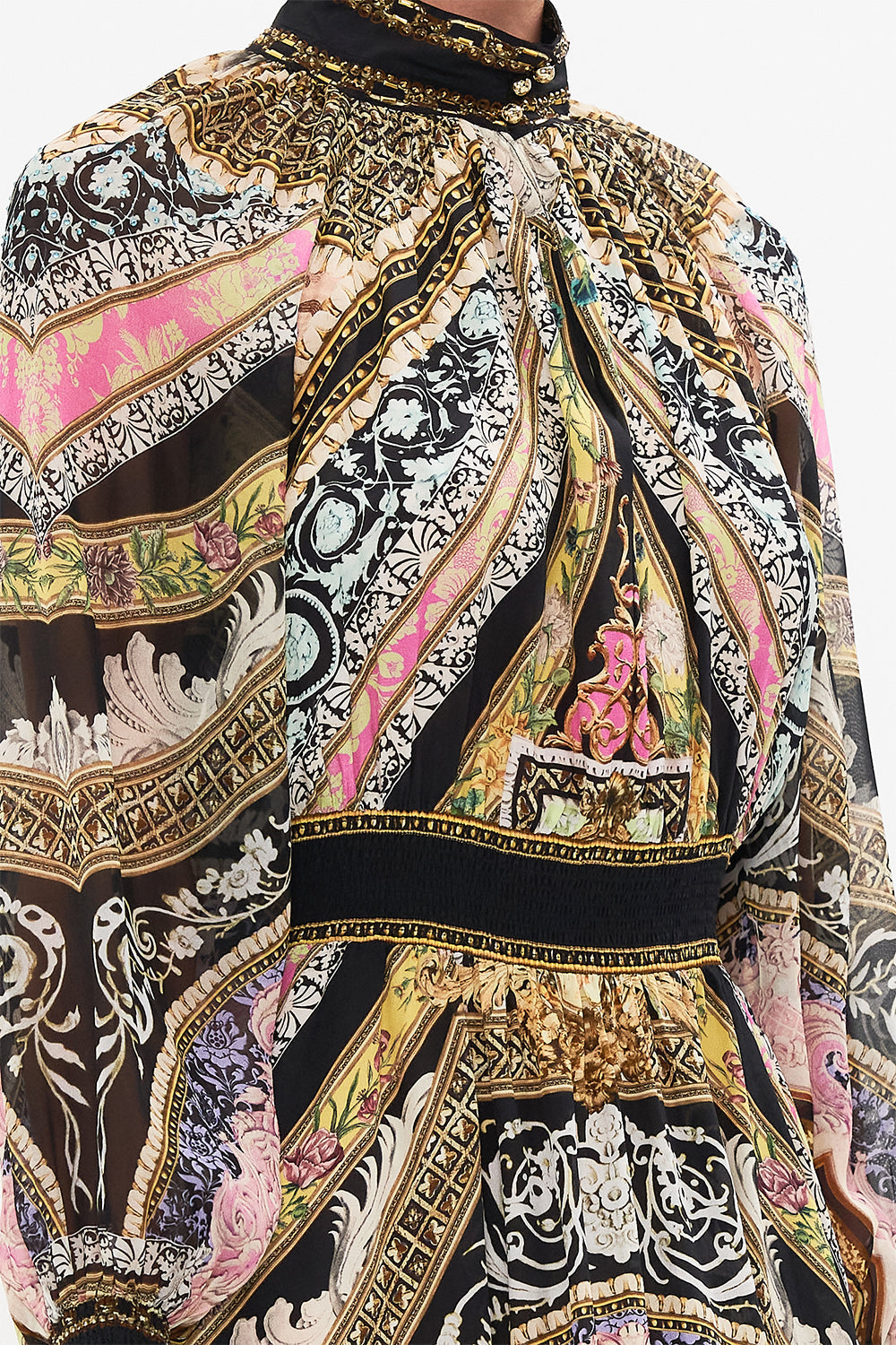 Detail view of model wearing CAMILLA high neck mini dress in Florence Field Day print