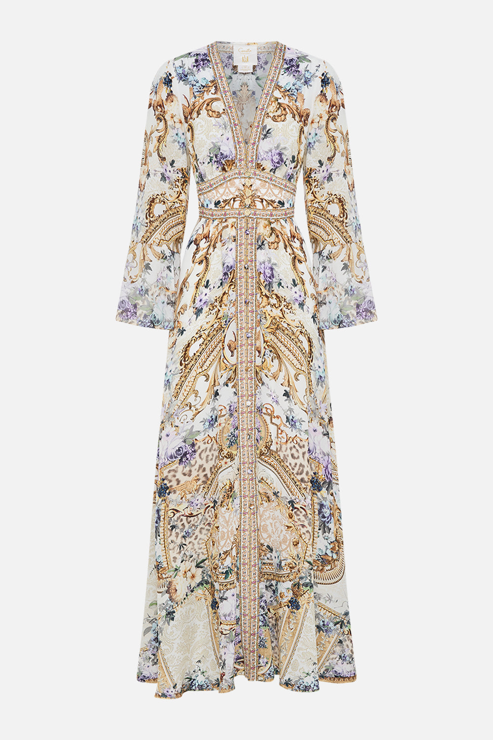 Product view of CAMILLA silk ruffle dressin Palazzo Playdate print