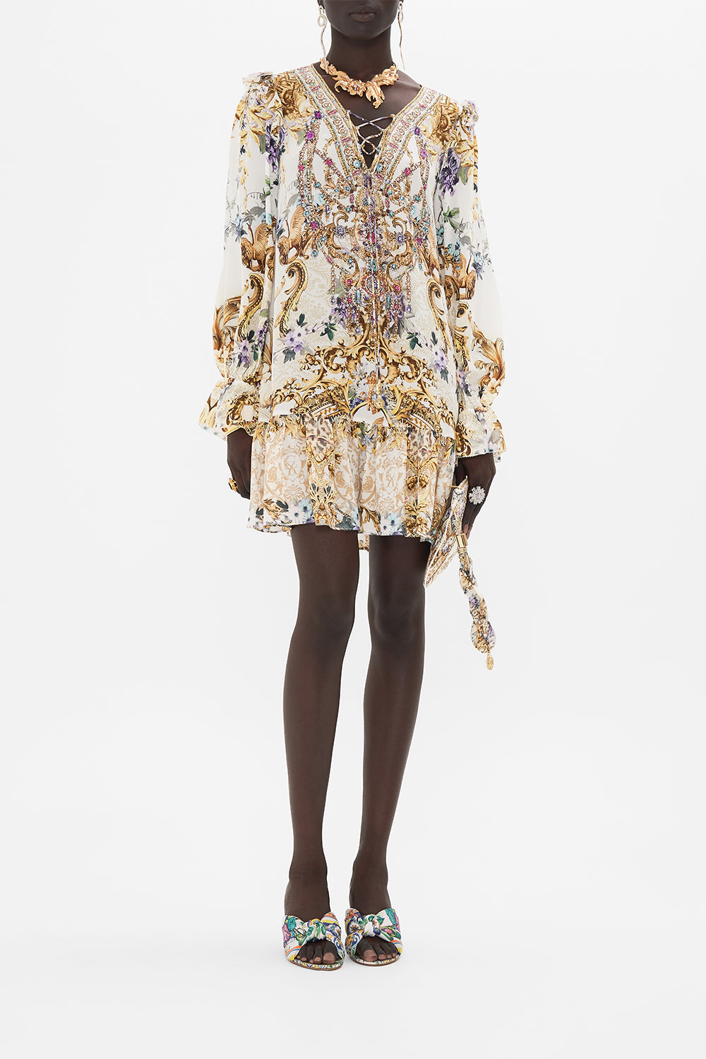 Front view of model wearing CAMILLA silk ruffle dress in Palazzo playdate print 