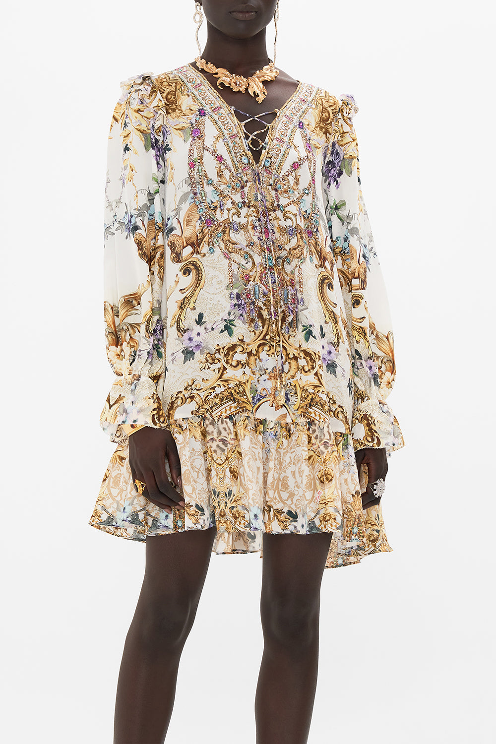 Crop view of model wearing CAMILLA silk ruffle dress in Palazzo playdate print 