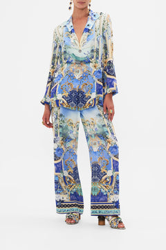 Front view of model wearing CAMILLA silk jacket in Views Of Vesuvius print