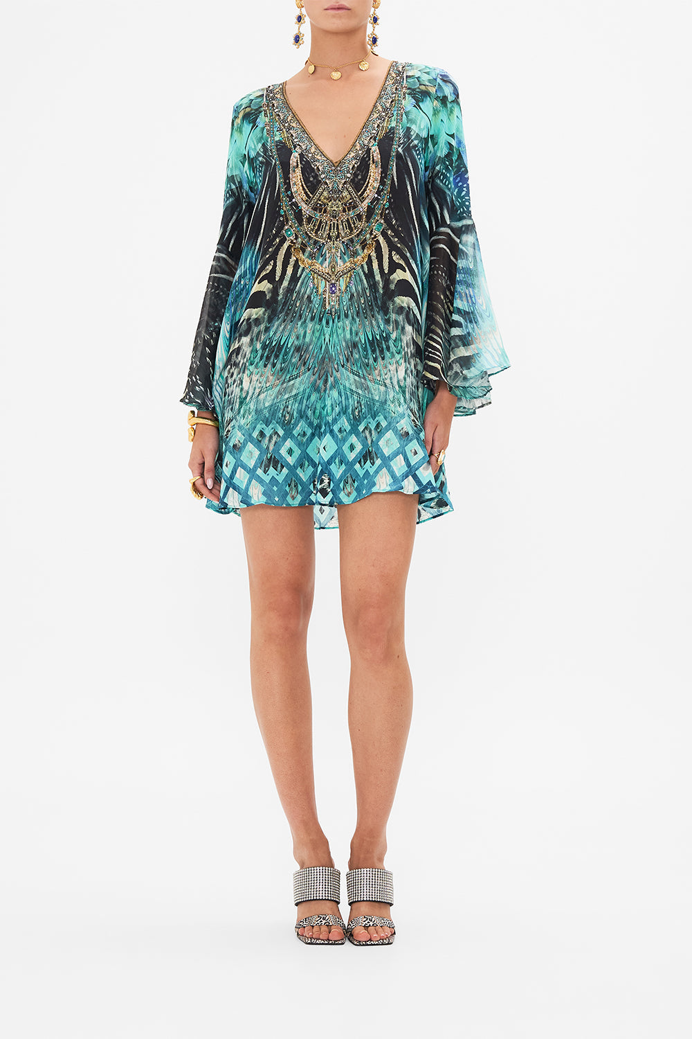 Front view of model wearing CAMILLA silk mini dress in Azure Allure print