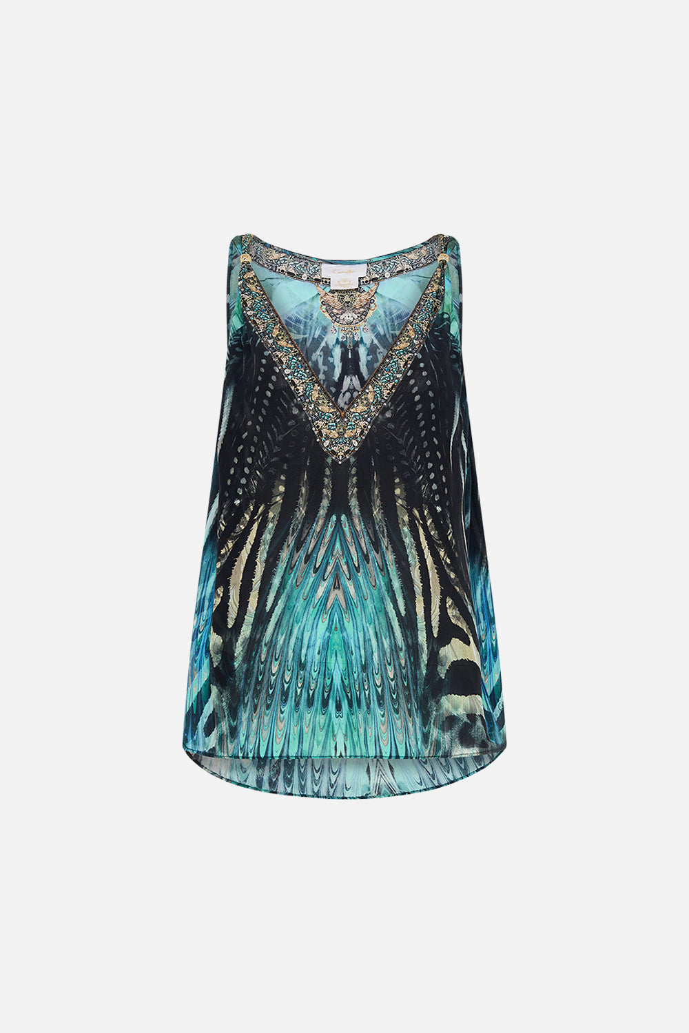 Product view of  CAMILLA silk tank top in Azure Allure print