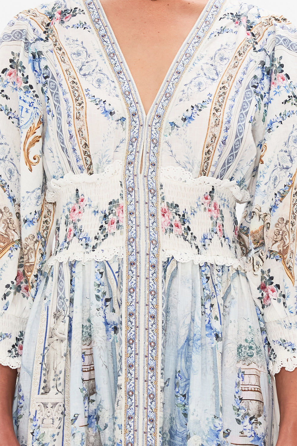 Detail view of model wearing CAMILLA silk maxi dress in Season Of The Siren print 