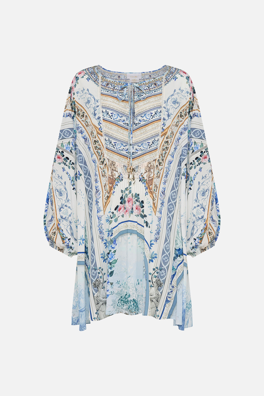 Product view of CAMILLA a line silk dress in Season Of The Siren print