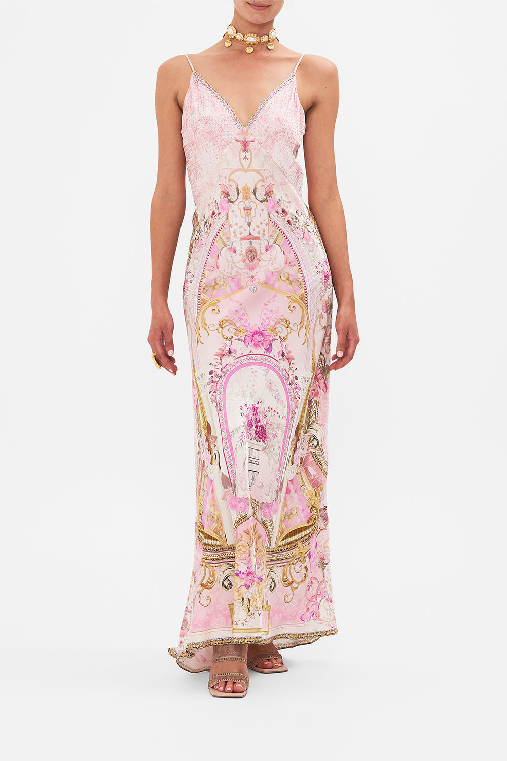 Front view of model wearing CAMILLA silk slip dress in Fresco Fairytale print