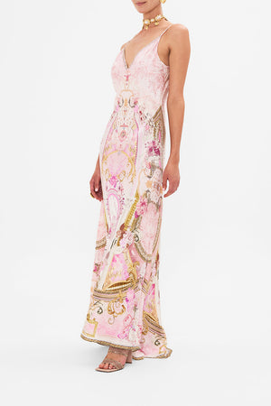 Side view of model wearing CAMILLA silk slip dress in Fresco Fairytale print
