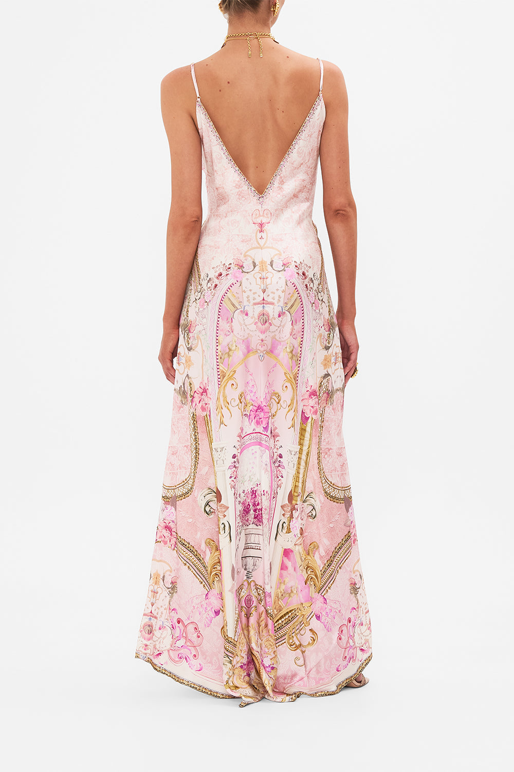 Back view of model wearing CAMILLA silk slip dress in Fresco Fairytale print