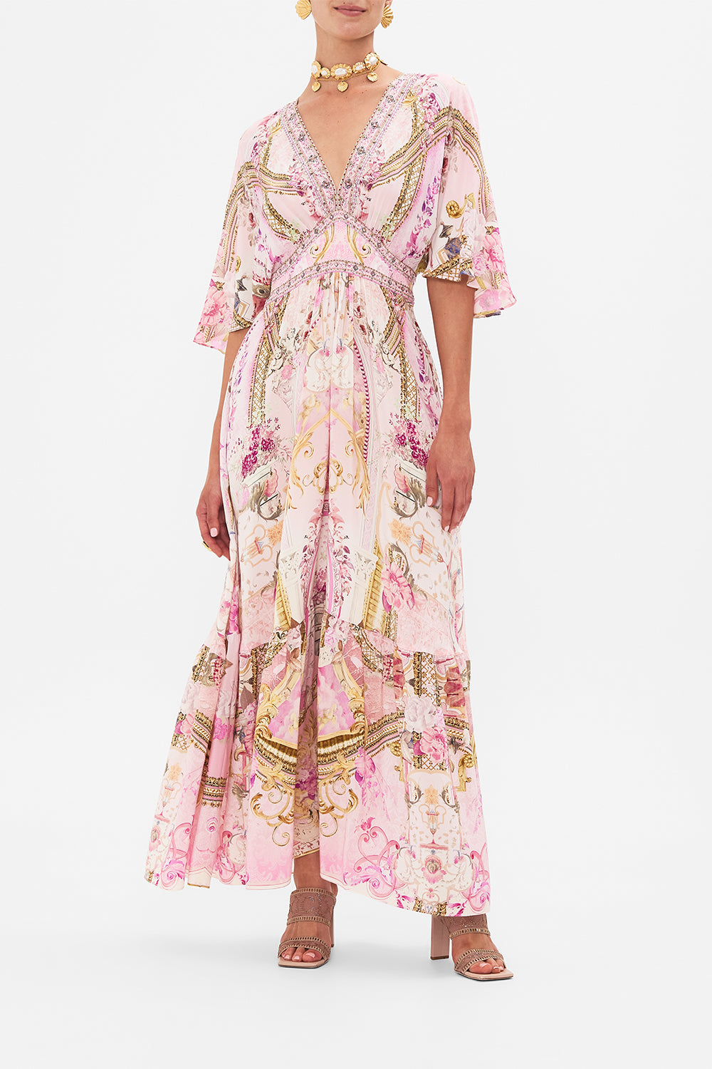 CAMILLA waisted pink ruffle dress in Fresco Fairytale print