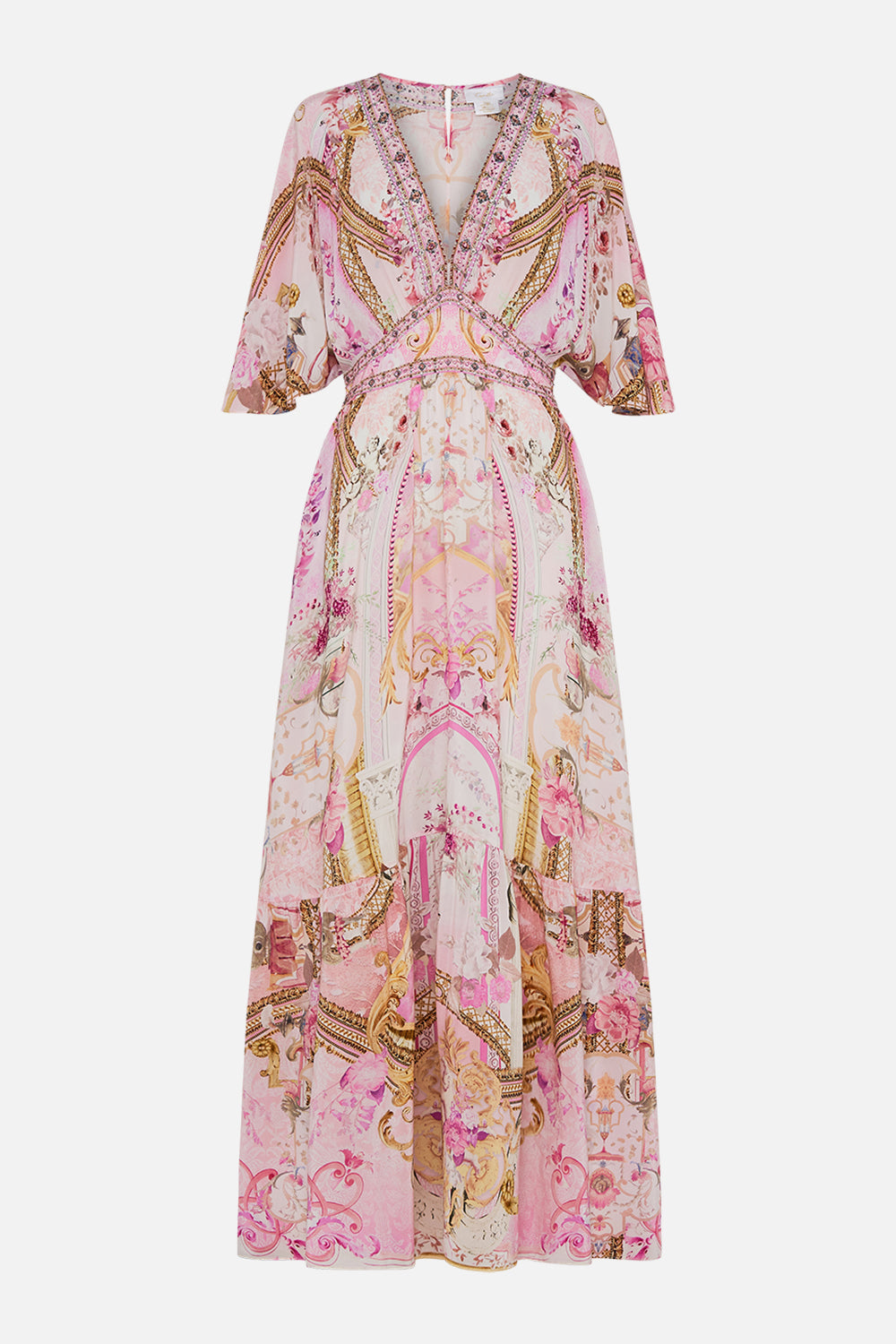 Back view of model wearing CAMILLA pink silk ruffle dress in Fresco Fairytale print