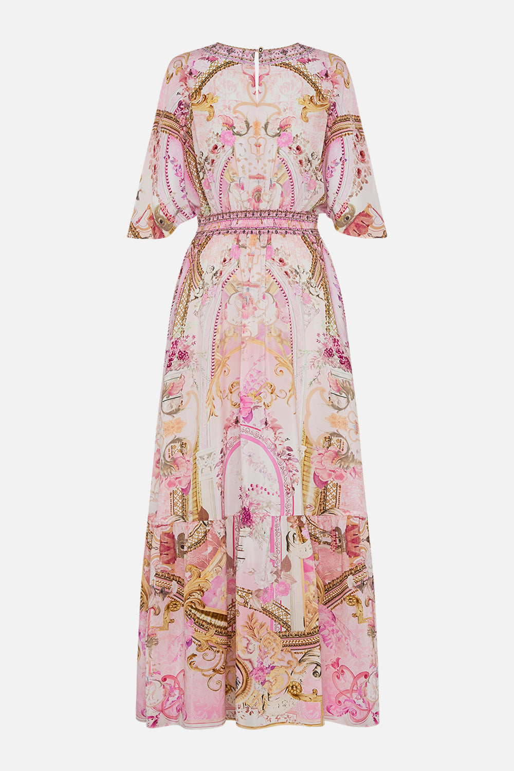 Detail view of model wearing pink silk ruffle dress in Fresco Fairytale print