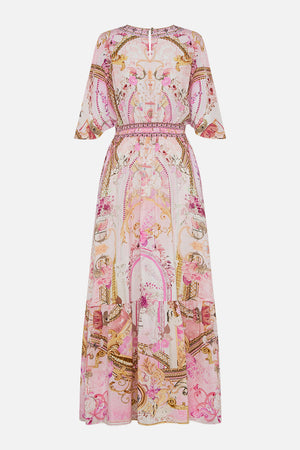 Detail view of model wearing pink silk ruffle dress in Fresco Fairytale print