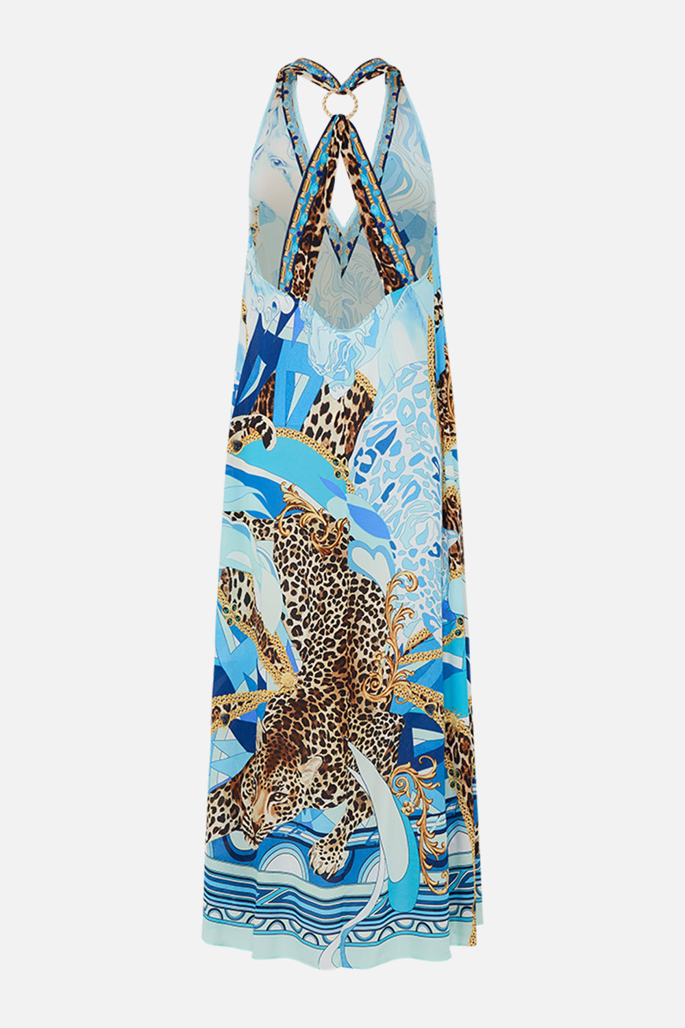 The CAMILLA RACER BACK DRESS WITH HARDWARE SKY CHEETAH in our  print.