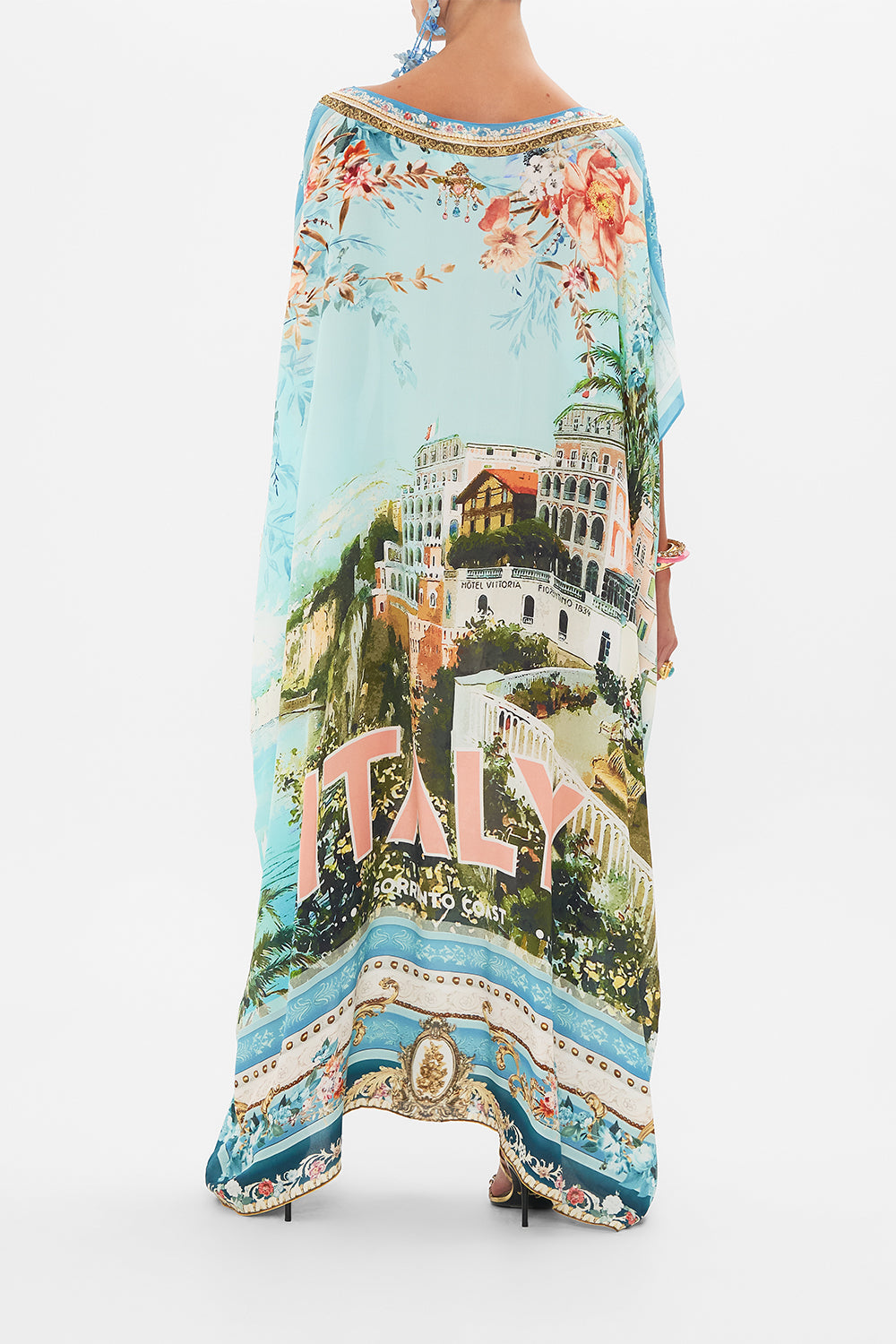 Back view of model wearing CAMILLA silk kaftan in From Sorrento With Love print