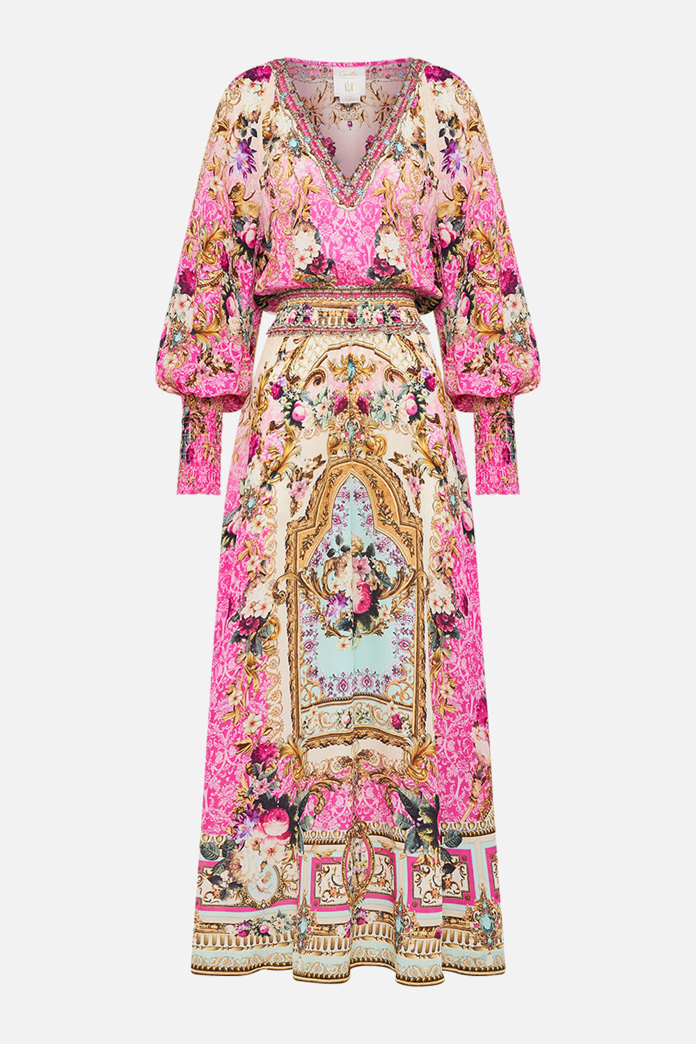 Product view of CAMILLA silk pink maxi dress in Call Of The Canal print 