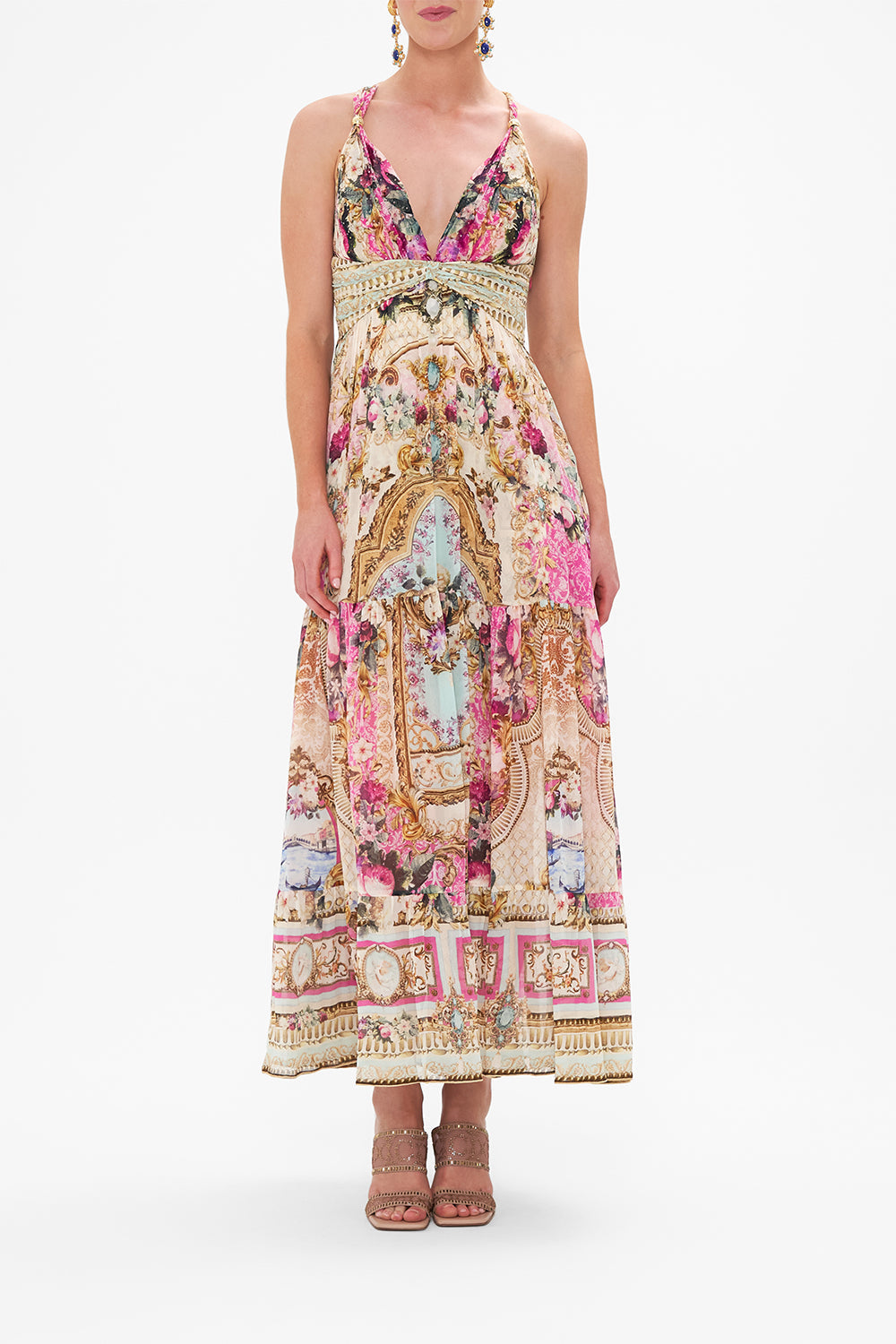 Front view of model wearing CAMILLA pink silk dress in Call of the Canal print 