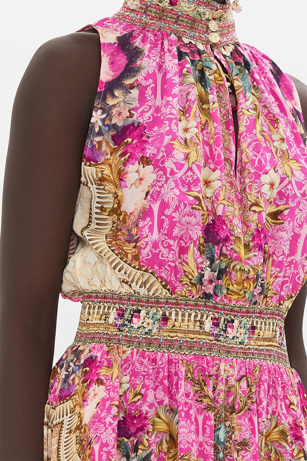 Detail view of model wearing CAMILLA pink silk mini dress in Call Of The Canal print