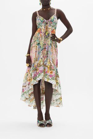 Front view of model wearing CAMILLA floral silk dress in Flowers Of Neptune print