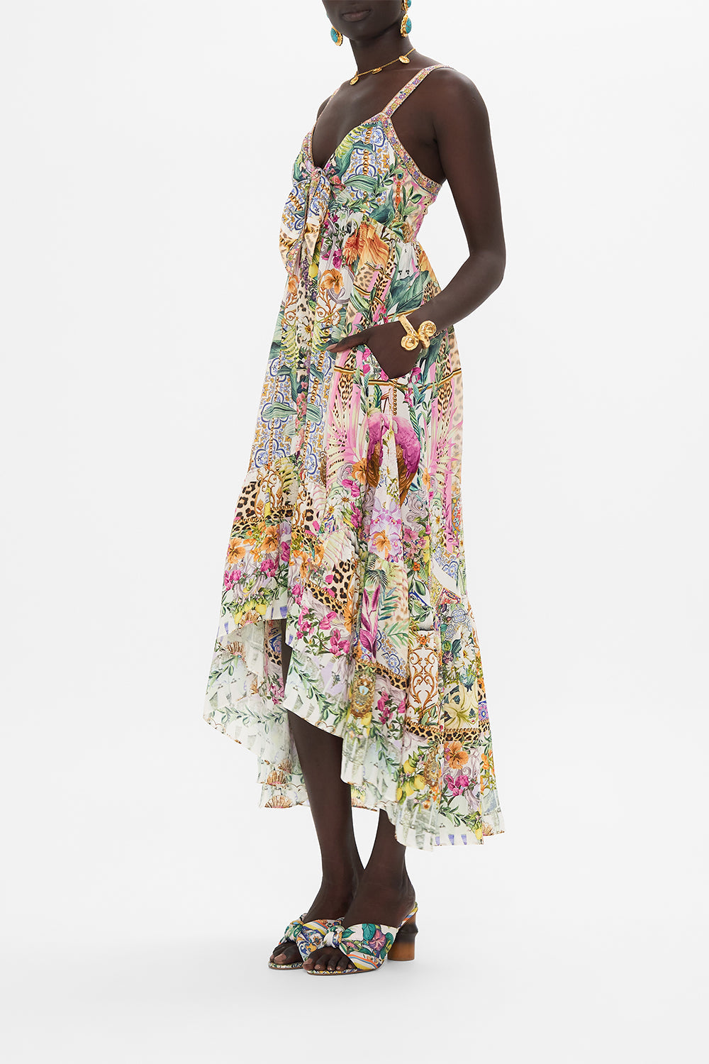 Side view of model wearing CAMILLA floral silk dress in Flowers Of Neptune print