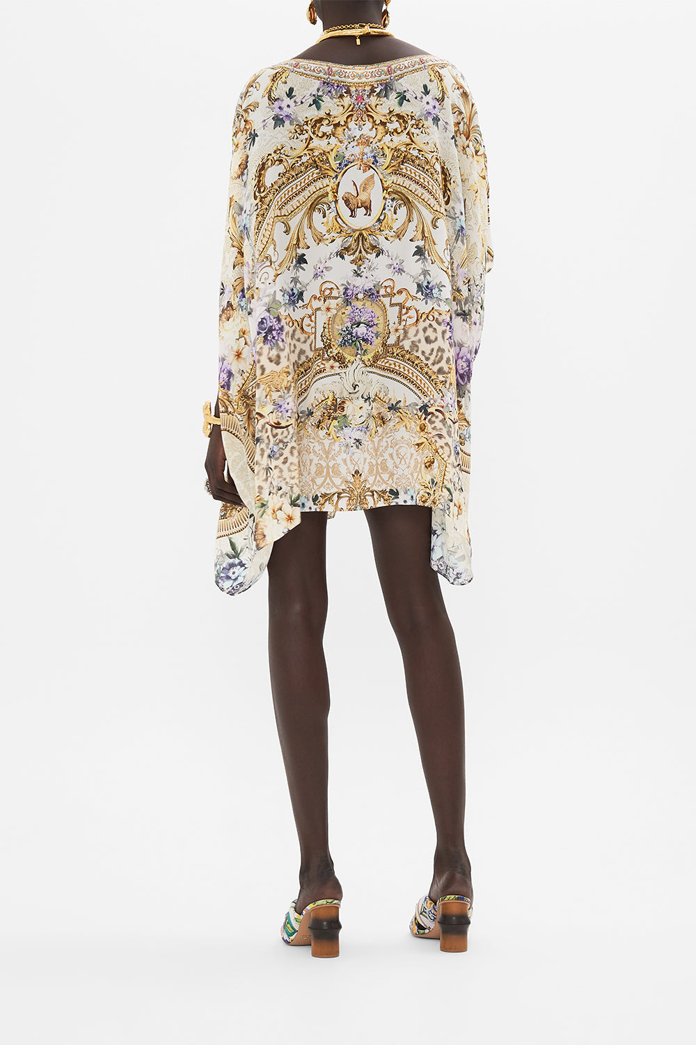 Back view of model wearing CAMILLA silk kaftan in Palazzo Playdate print 