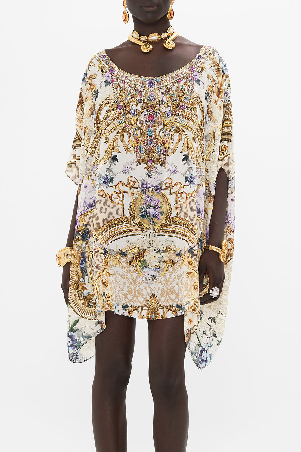 Crop view of model wearing CAMILLA silk kaftan in Palazzo Playdate print 