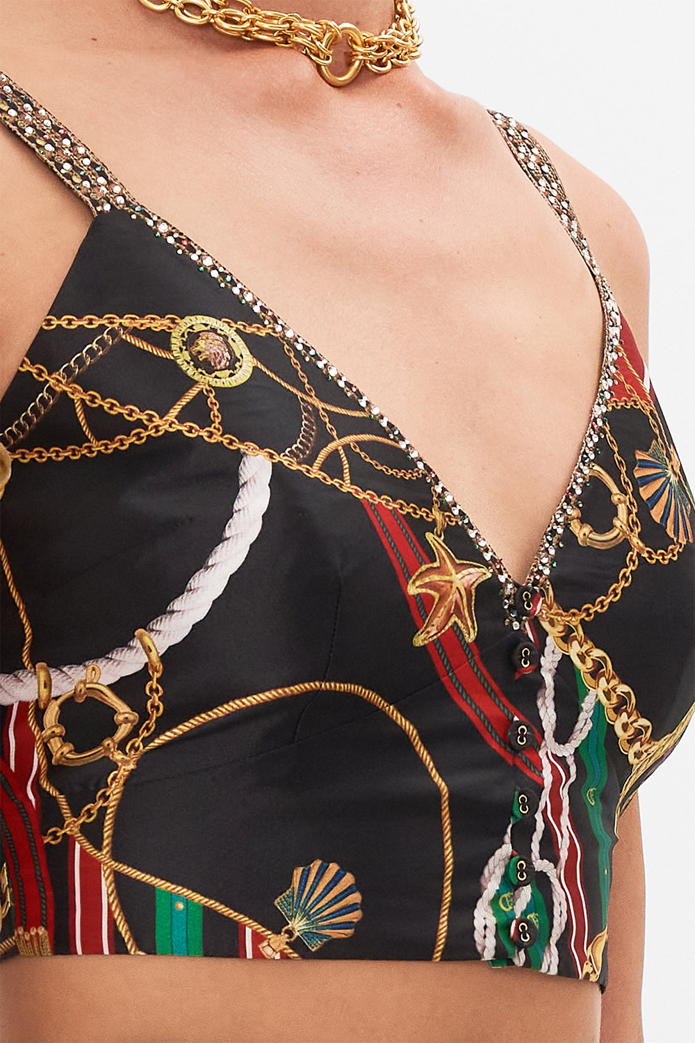 Detail view of model wearing CAMILLA designer bralette top in Club Aperitivo print