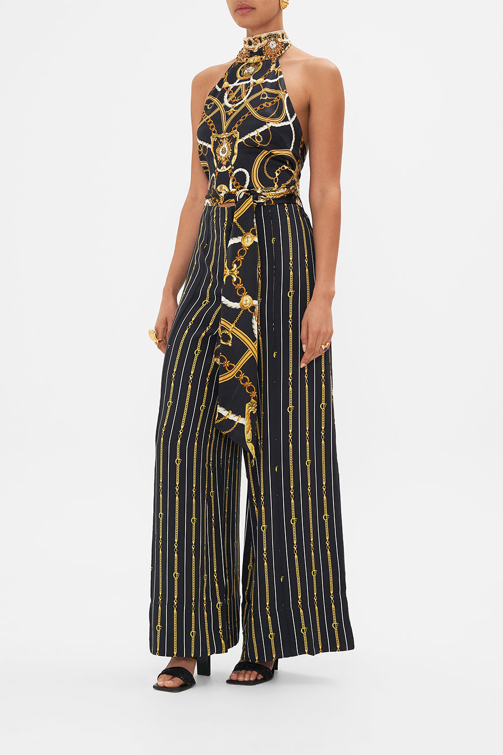 Side view of model wearing CAMILLA silk wide leg pant in Coast to Coast print