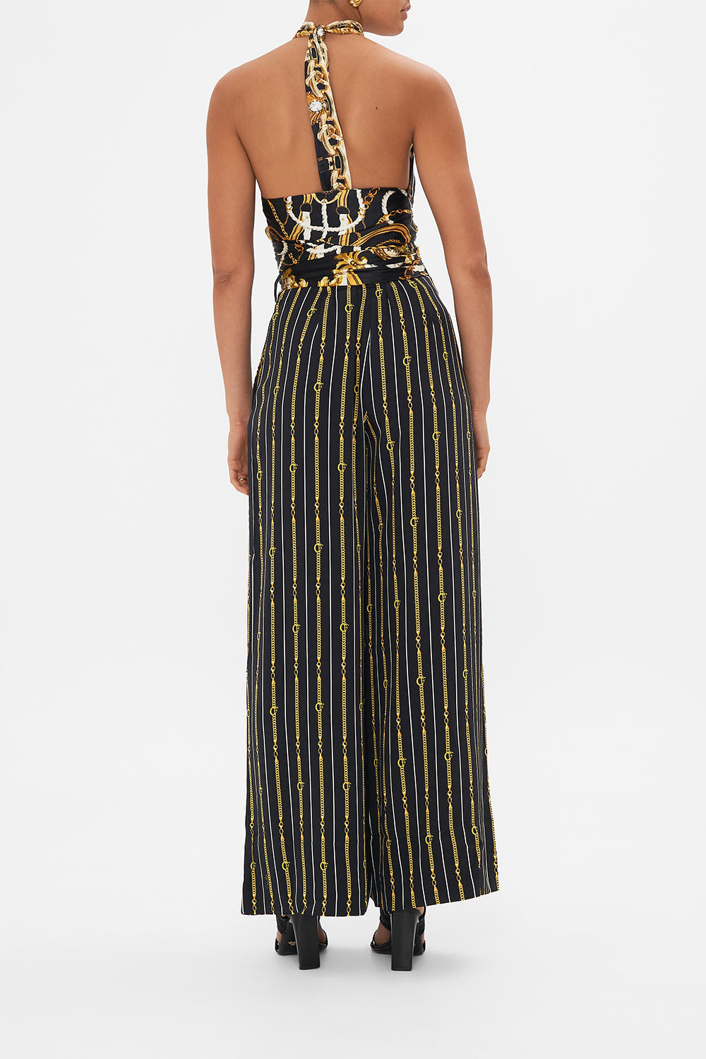 Back view of model wearing CAMILLA silk wide leg pant in Coast to Coast print