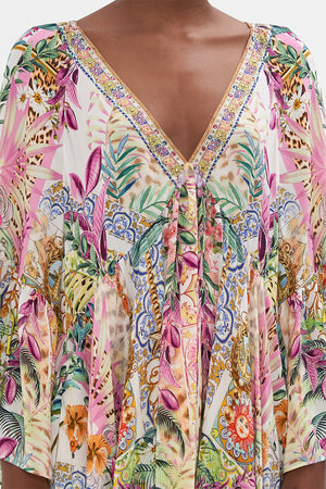 Detail view of model wearing CAMILLA a line floral dress in Flowers Of Neptune print