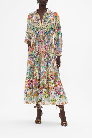 Front view of model wearing CAMILLA maxi shirt dress in Fkowers Of Neptune print