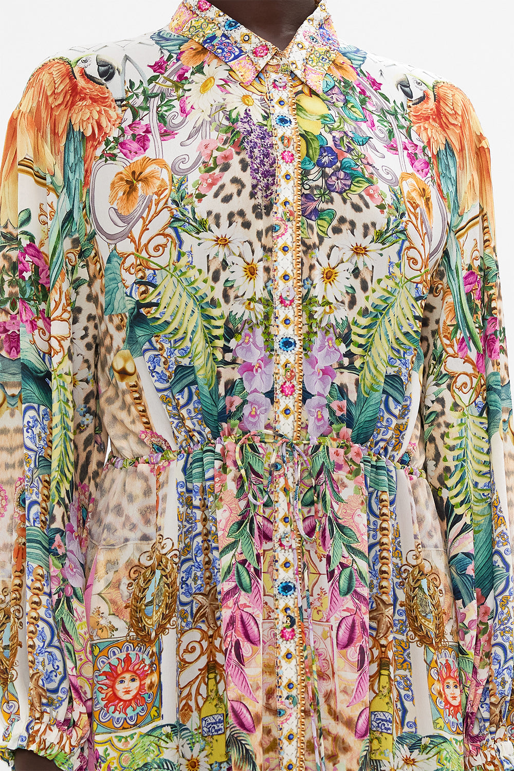 Detail view of model wearing CAMILLA maxi shirt dress in Fkowers Of Neptune print