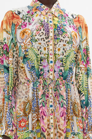 Detail view of model wearing CAMILLA maxi shirt dress in Fkowers Of Neptune print