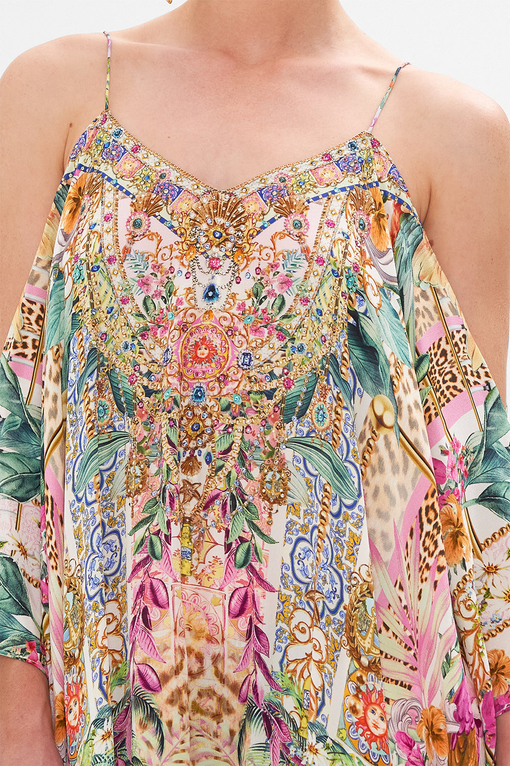 Detail view of model wearing CAMILLA resortwear kaftan in Flowers Of Neptune print 