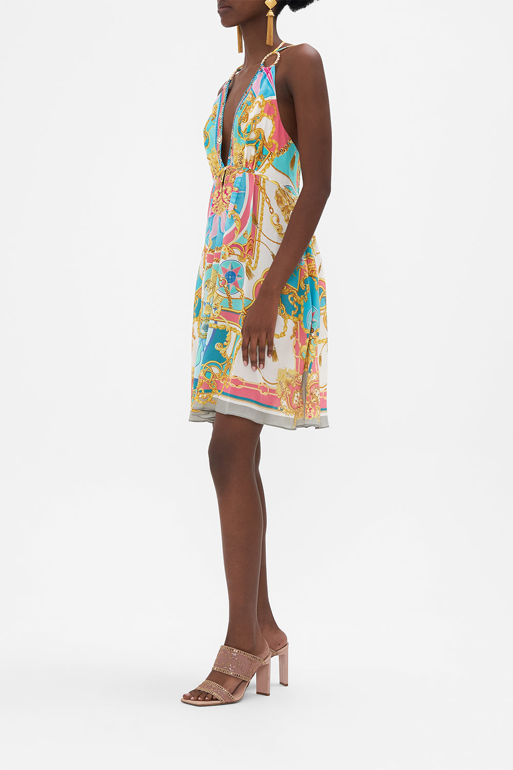 Side view of model wearing CAMILLA silk mini dress in Sail Away With Me print 