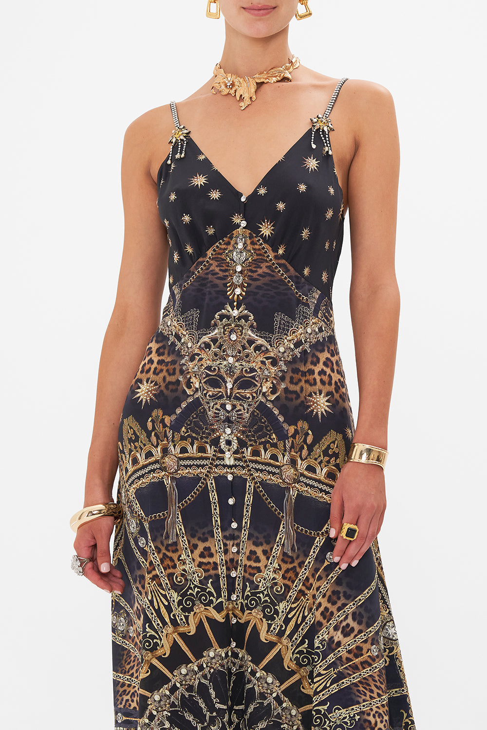 BUTTON FRONT STRAPPY DRESS MASKED AT MOONLIGHT