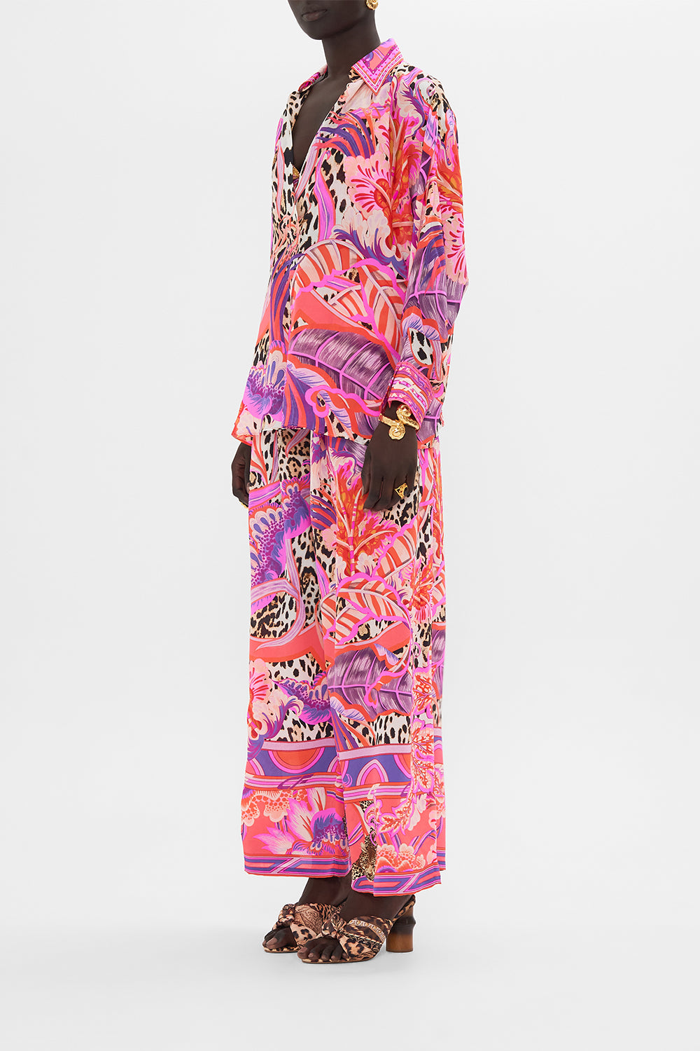 Side view of model wearing CAMILLA silk shirt in Viola Vintage print