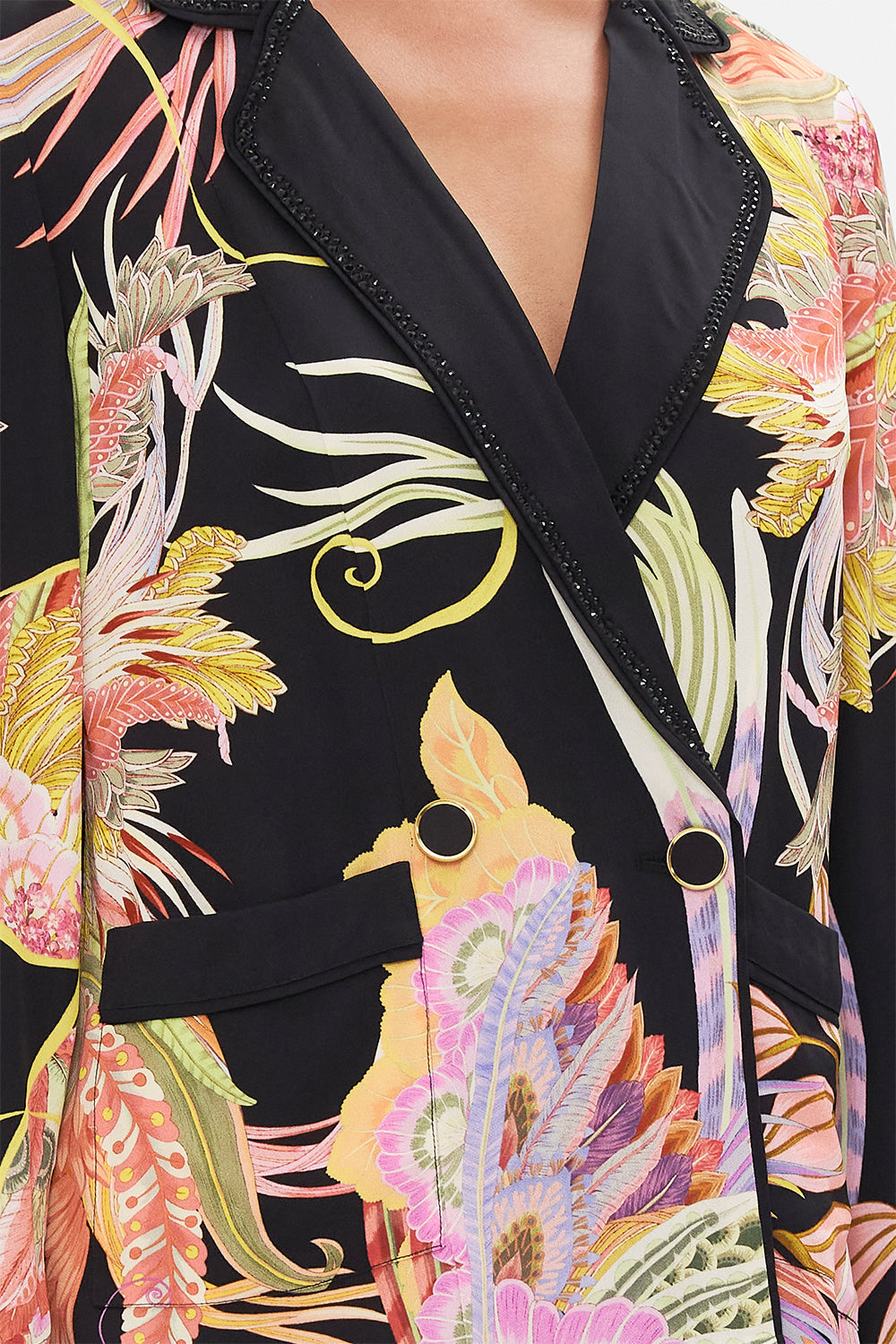Detail view of model wearing CAMILLA deisgner jacket in lady of The Moon Print