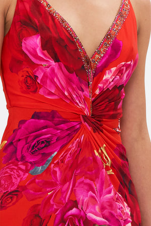 Detail view of model wearing CAMILLA floral dress in An Italain Rosa print