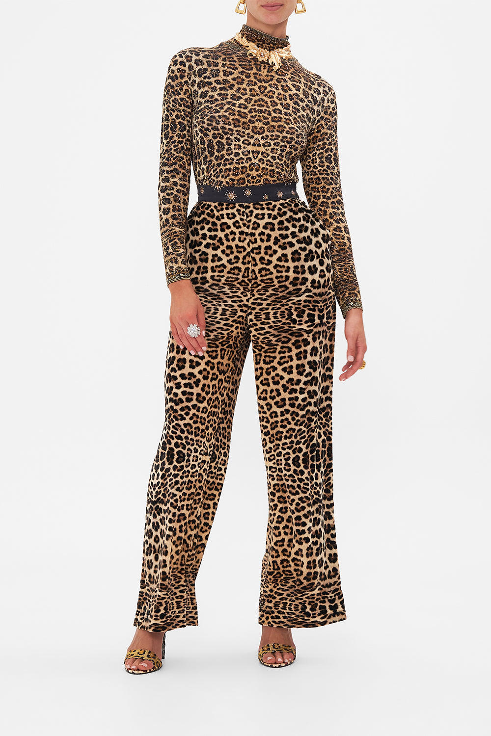 Front view of model wearing CAMILLA silk pants in Soul of A Star Gazer print 