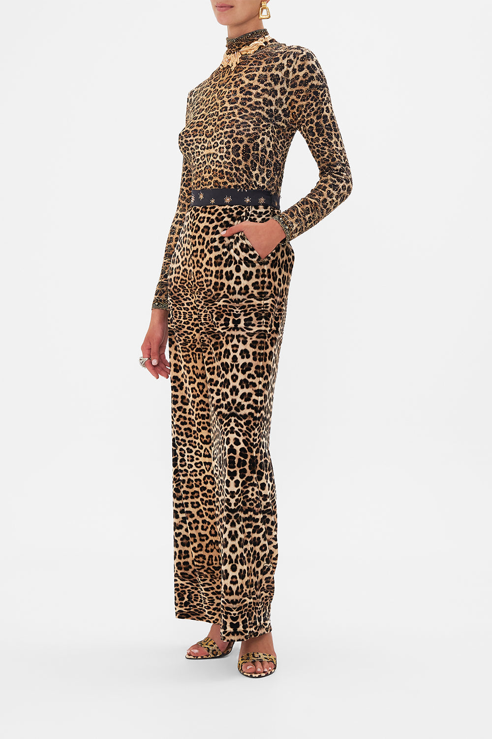 Side view of model wearing CAMILLA silk pants in Soul of A Star Gazer print 