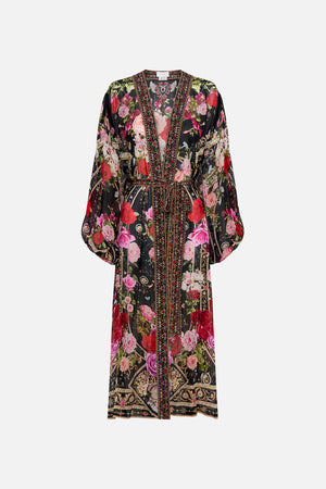 Product view of CAMILLA silk kimono layer in Reservation For Love print 