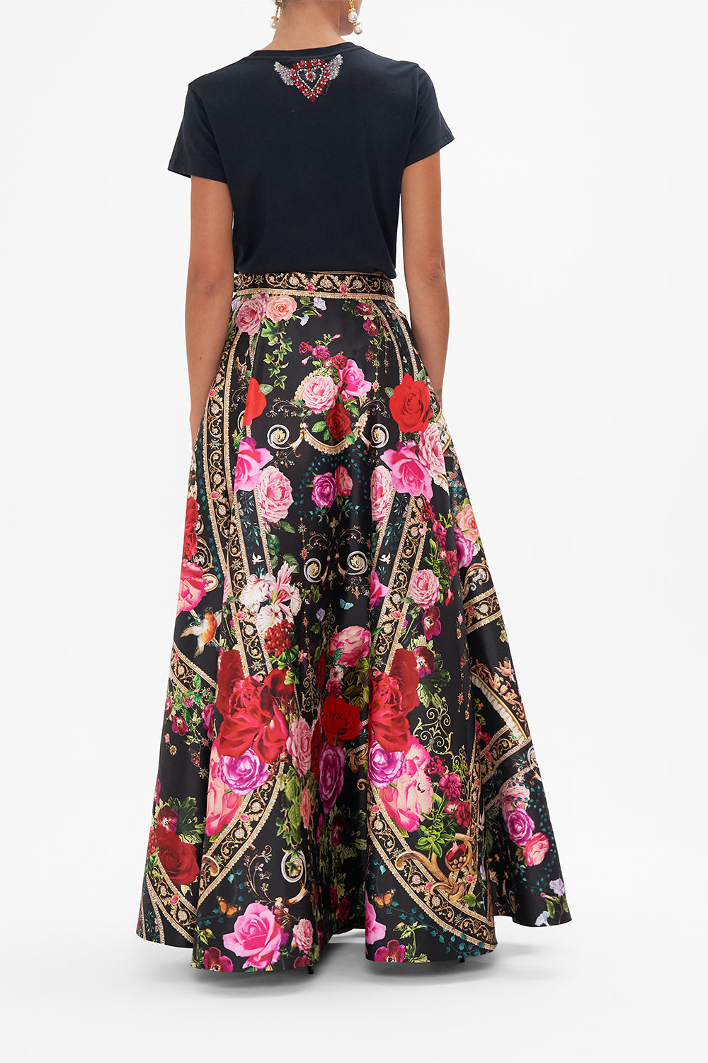 Back view of model wearing CAMILLA women t shirt in Reservation For Love print