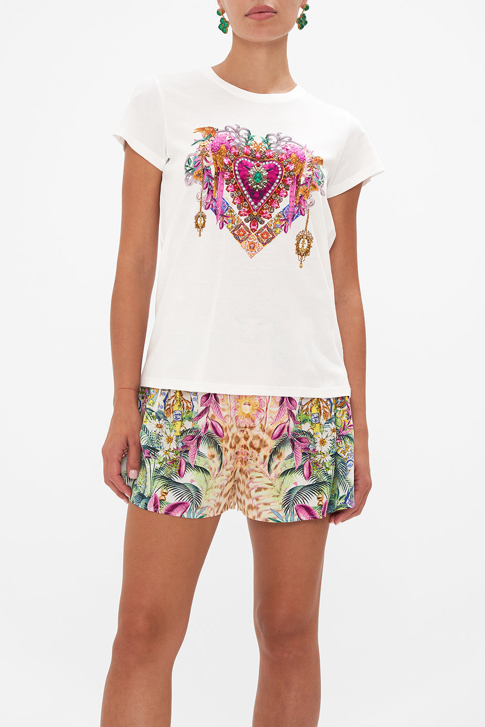 Crop view of model wearing CAMILLA floral t shirt in Flowers Of Neptune print