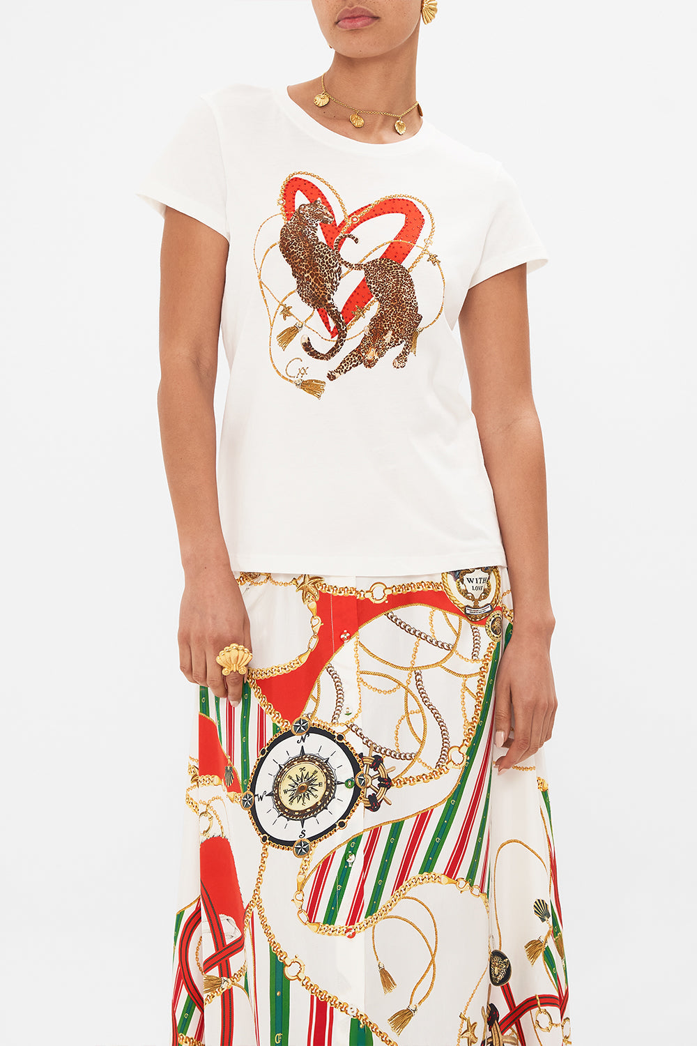 Detail view of model wearing CAMILLA womenswhite t shirt in Saluti Summertime print