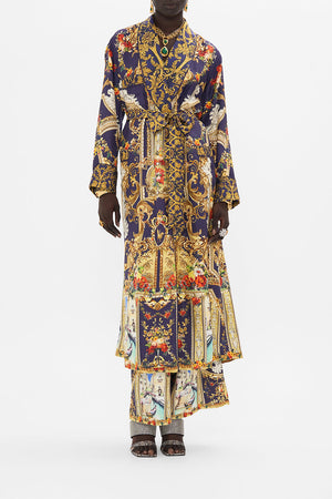 Front view of model wearing CAMILLA silk robe in Venice Vignette print 