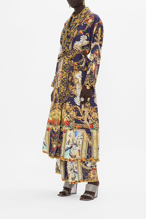 Side view of model wearing CAMILLA silk robe in Venice Vignette print 