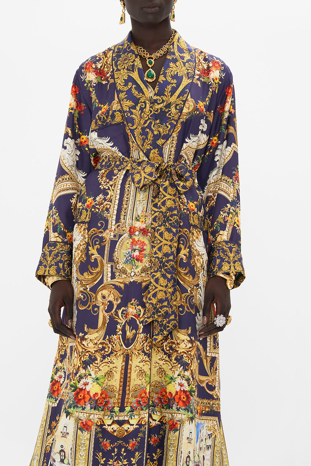Crop view of model wearing CAMILLA silk robe in Venice Vignette print 