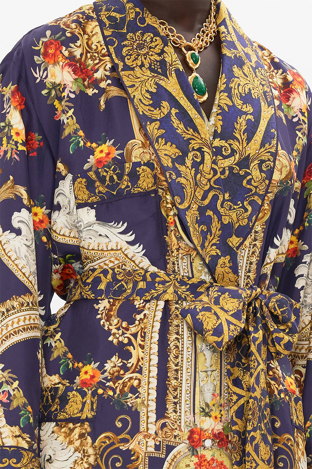 Detail view of model wearing CAMILLA silk robe in Venice Vignette print 