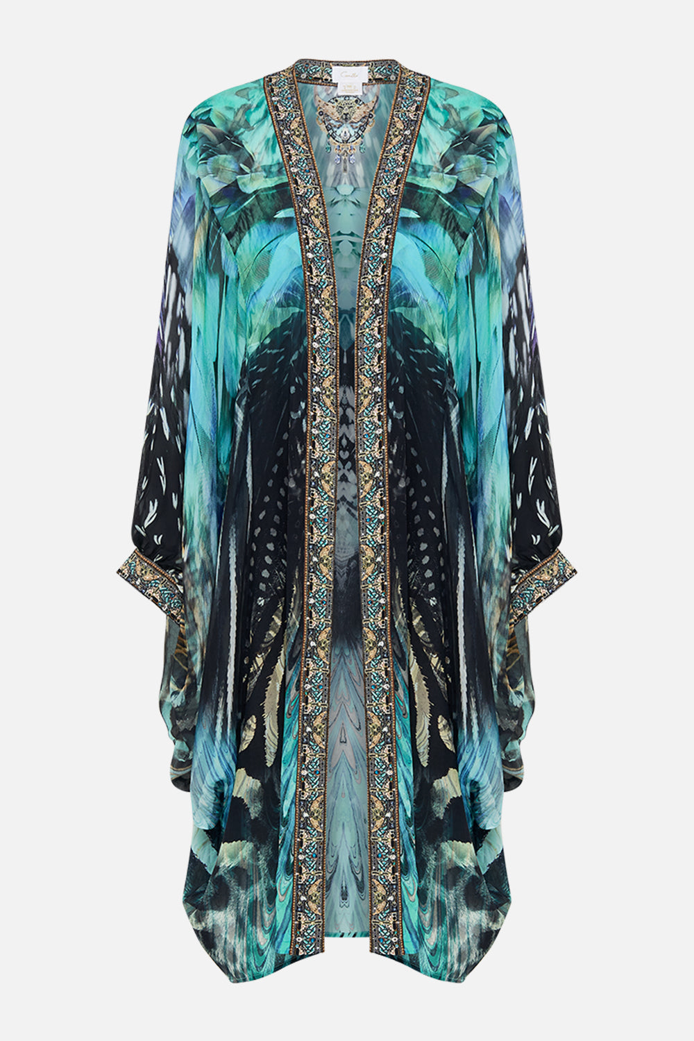 Product view of CAMILLA silk kimono layer in Azure Allure print