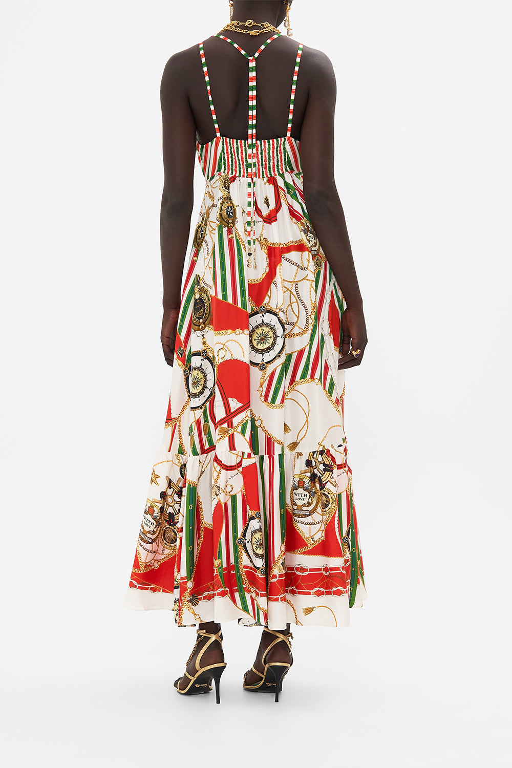 Back view of model wearing CAMILLA tiered dress in Saluti Summertime print 